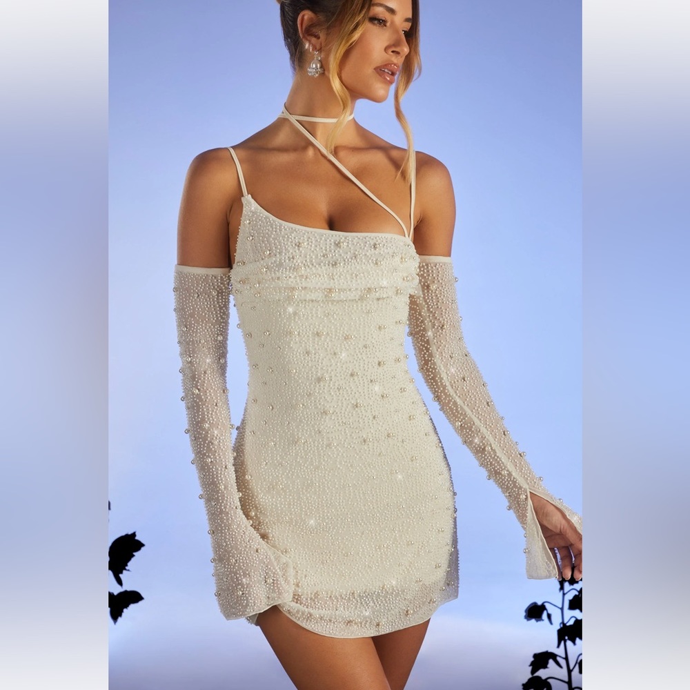 Oh Polly -Embellished Asymmetric Corset Mini Dress in Ivory